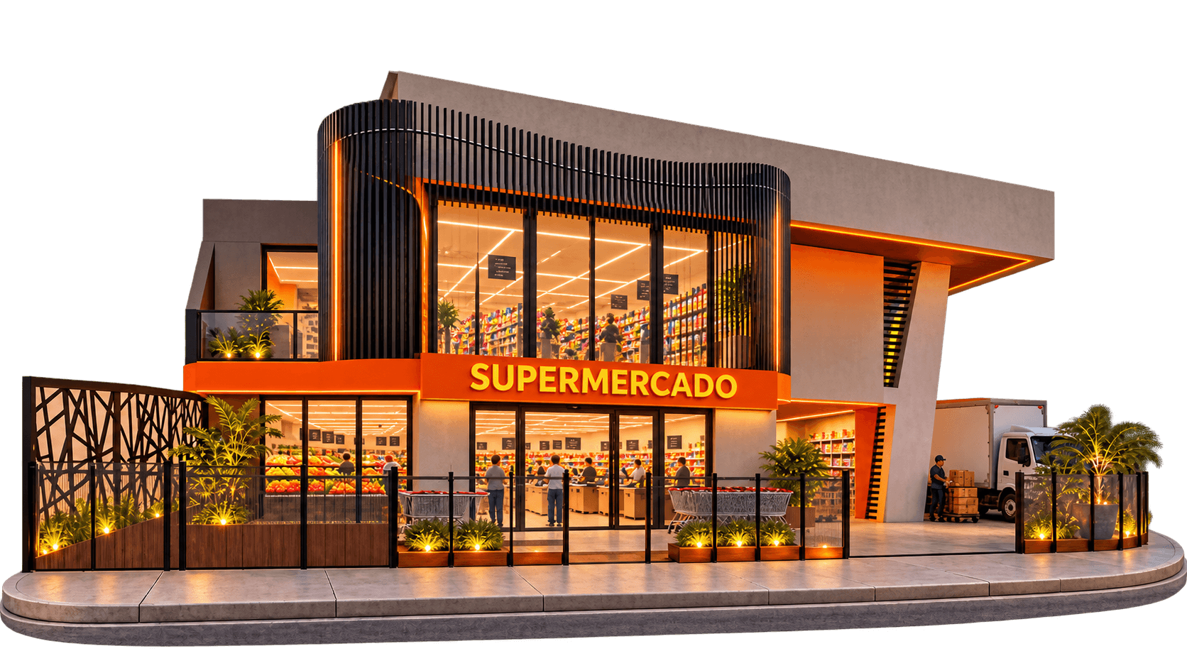 Escenario de supermercado en Pleno Centro, Fusagasugá, con góndolas, cajas y acceso de abastecimiento.